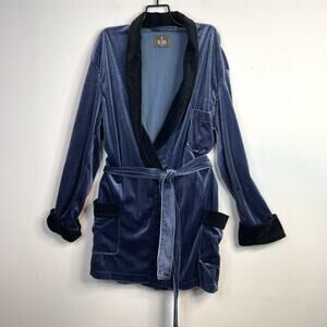 Vintage Bill Blass Black Blue Stripe Velvet Velour Short Belted Robe Bathrobe XL
